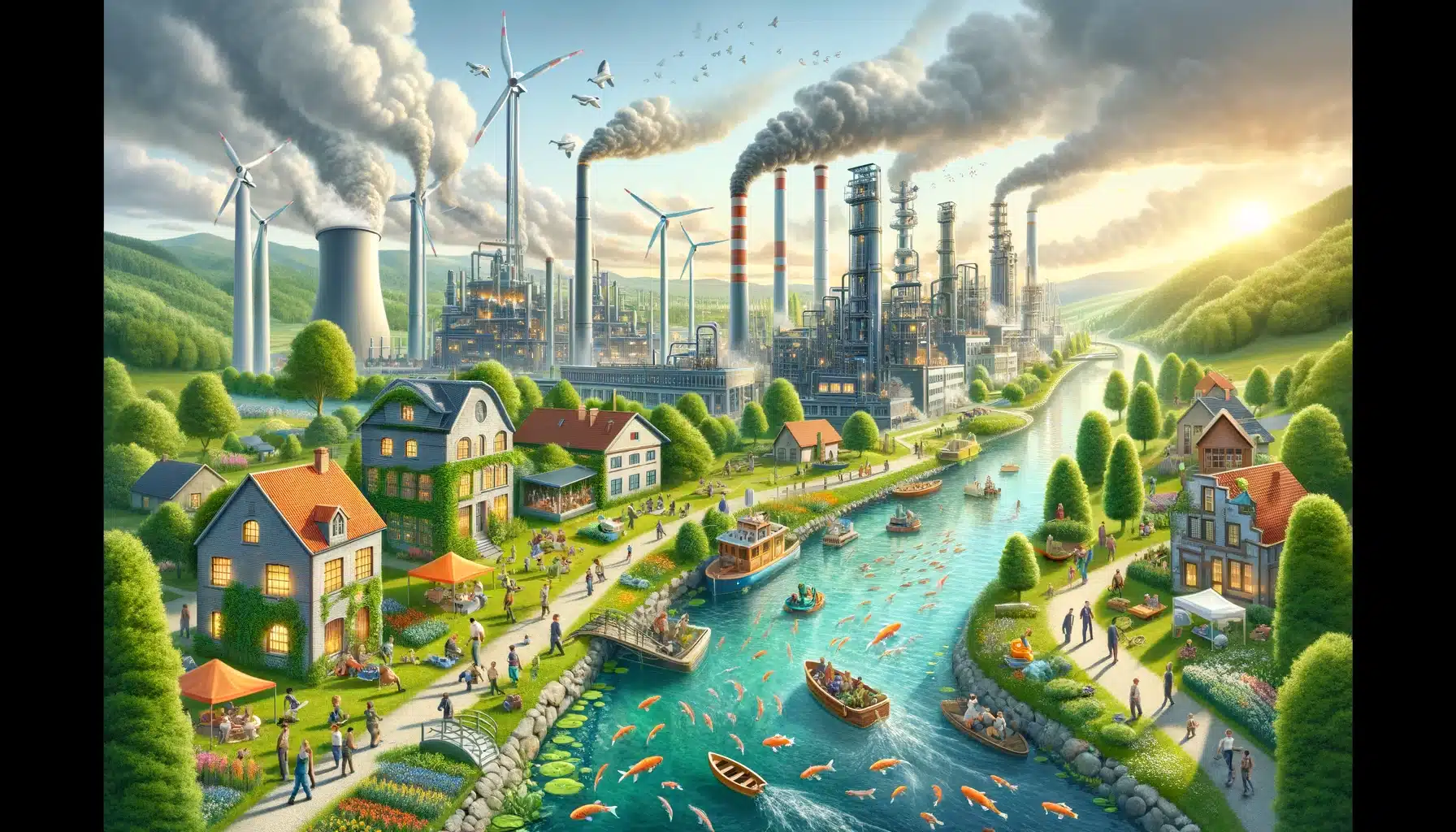 DALL·E 2024-07-16 14.33.51 – A picturesque scene representing sustainability during the Industrial Revolution. Imagine a vibrant industrial town with factories that have clean ene