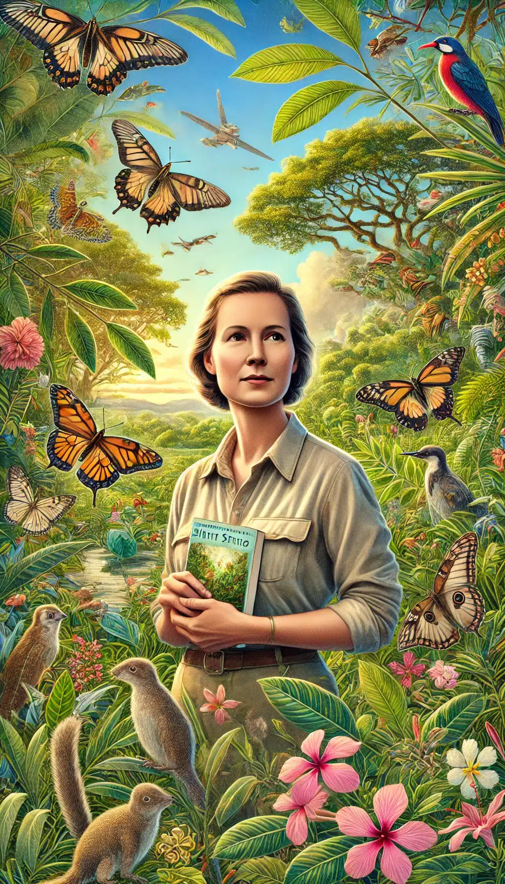 DALL·E 2024-07-16 14.43.00 – A detailed and inspiring portrait of Rachel Carson, the author of ‘Silent Spring’. She is standing in a lush, vibrant natural setting with diverse wil
